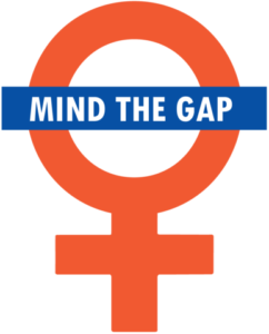 Female sex symbol with "mind the gap" written across it