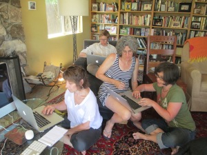 Workshop to develop 2013-14 courses, held in Los Angeles, July 2013. L to R: Anne Balsamo, CL Cole, Alex Juhasz, and Jane Lehr
